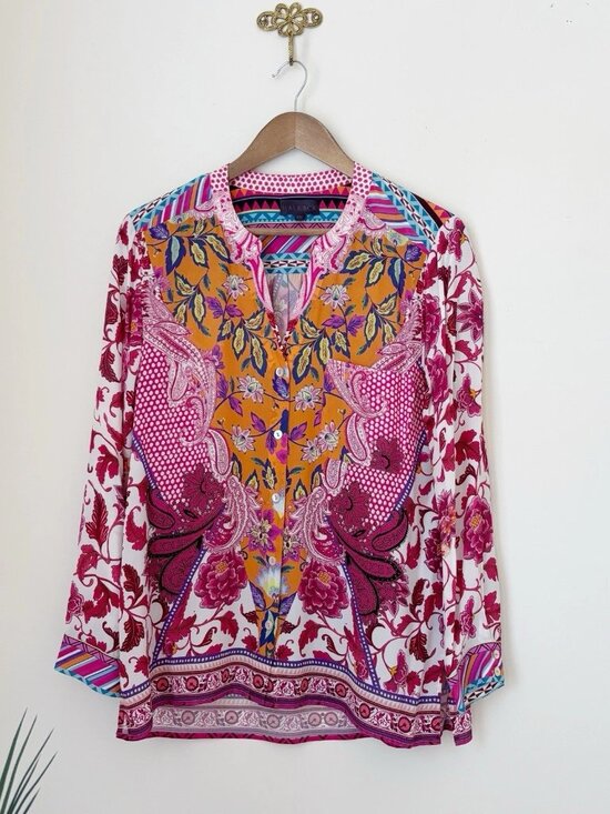 Hale Bob Tops - Hale Bob Vibrant Floral Paisley Button Front Silk Blouse XS Boho Maximalist